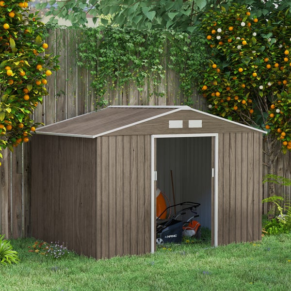 Outsunny Gerätehaus 4,9 m², Gartenhaus mit Pultdach, Schiebetür, Fundament, 277 x 195 x 192 cm, Geräteschuppen aus Verzinkter Stahl, wetterfest, für Garten, Braun