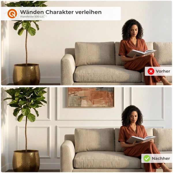 Vorher und Nachher Vergleich einer Wohnzimmerwand mit Wandleisten zur Wandgestaltung in einem modernen Wohnbereich.