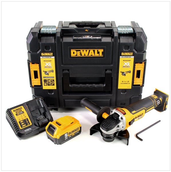 DeWalt Akku-Winkelschleifer Set mit TSTAK Koffer, 18V Akku, Ladegerät und Zusatzhandgriff.