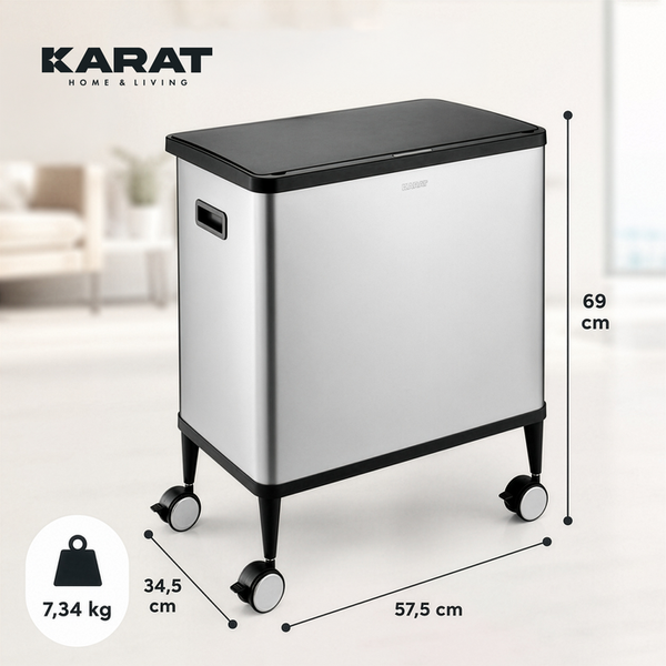 Karat Rollcontainer aus Edelstahl mit Deckel, Maße circa 57,5 mal 34,5 mal 69 Zentimeter, Gewicht circa 7,34 Kilogramm.