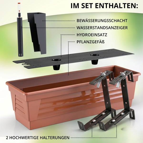 Pflanzkasten-Set mit Bewässerungsschacht, Wasserstandsanzeiger, Hydroeinsatz, Pflanzgefäß und zwei Halterungen.