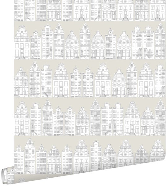 ESTAhome Tapete gezeichnete Amsterdamer Grachtenhäuser Hellgrau - 53 cm x 10.05 m - 138909
