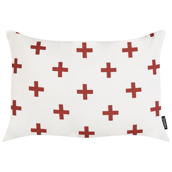 Rechteckiges Dekokissen mit Schweizer-Kreuz-Muster aus Textil.