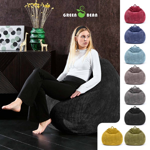 Green Bean Indoor Sitzsack 90x110cm EPS-Perlen Füllung & Cordstoff Kuschelig Weich Waschbar - Drinnen Bodenkissen Liegekissen Sitzkissen Sitzhocker Relax-Sessel Kinder Erwachsene Stoff Schwarz