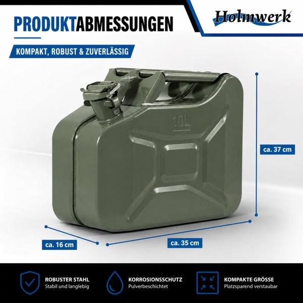 Kraftstoffkanister aus robustem Stahl mit 10 Liter Fassungsvermögen und Bemaßung, Holmwerk Logo