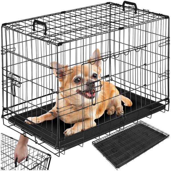 Hund in einem schwarzen Drahtkäfig mit herausnehmbarer Bodenschale