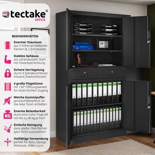 Aktenschrank tectake  180 x 80 x 40 cm aus pulverbeschichtetem Stahl schwarz/schwarz