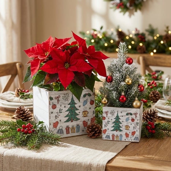Weihnachtliche Tischdekoration mit Weihnachtsstern und kleinem Tannenbaum in bedruckten Holzgefäßen auf einem Esstisch.