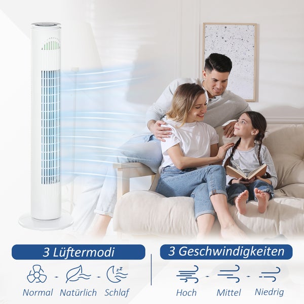 HOMCOM Turmventilator mit Fernsteuerung 70° Oszillierender Standventilator 77cm Säulenventilator 45 W 3 Modi & 3 Geschwindigkeiten ABS-Kunststoff Weiß