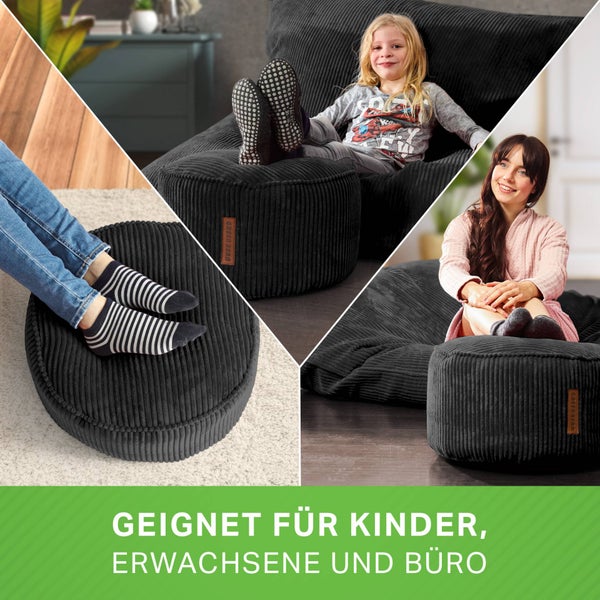 Green Bean Pouf-Kissen 45x25cm mit EPS-Perlen Füllung & Cordstoff Bodenkissen Liegekissen Sitzkissen Sitzhocker Sessel Kinder Erwachsene Stoff Hocker Ablage Schwarz