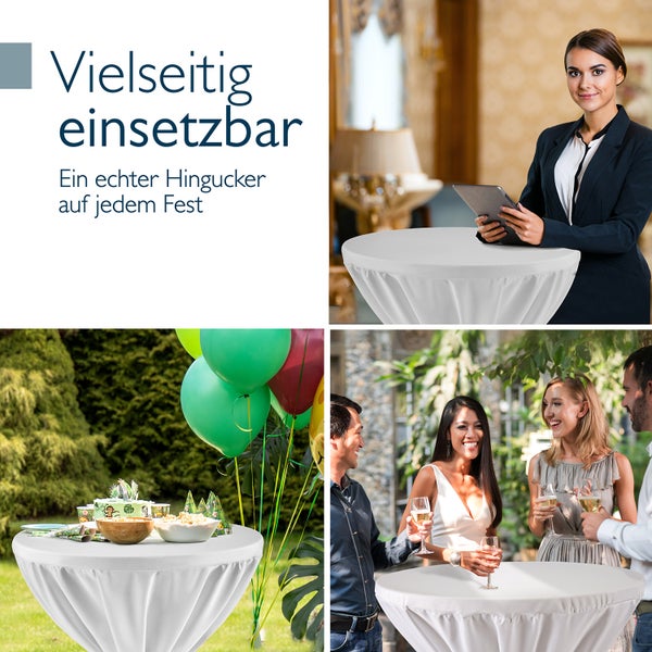 Stehtisch mit weißer Hülle für verschiedene Anlässe