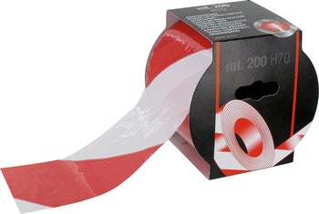 Absperrband mit rot weißer Warnmarkierung in einer Spenderbox mit 200 Meter Länge und 70 Millimeter Breite