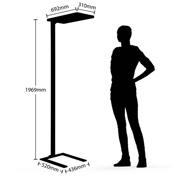 Stehleuchte: Höhe 1969 Millimeter, Breite 692 Millimeter, Tiefe 310 Millimeter, Fuß 520 mal 436 Millimeter, mit Silhouette zum Größenvergleich.
