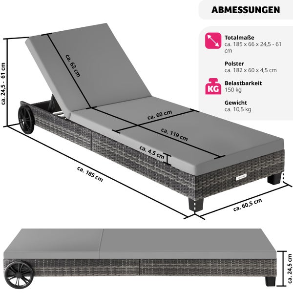 Rattan Sonnenliege tectake Ancona mit Aluminiumgestell Belastbarkeit 150 kg, 66 x 185 x 24,5 cm