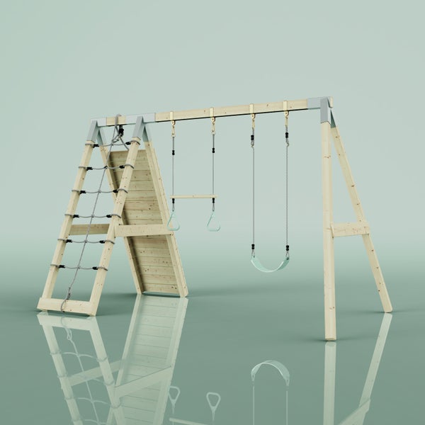 Holz-Schaukelgerüst mit Schaukel, Trapezstange mit Ringen, Kletternetz und Kletterwand.