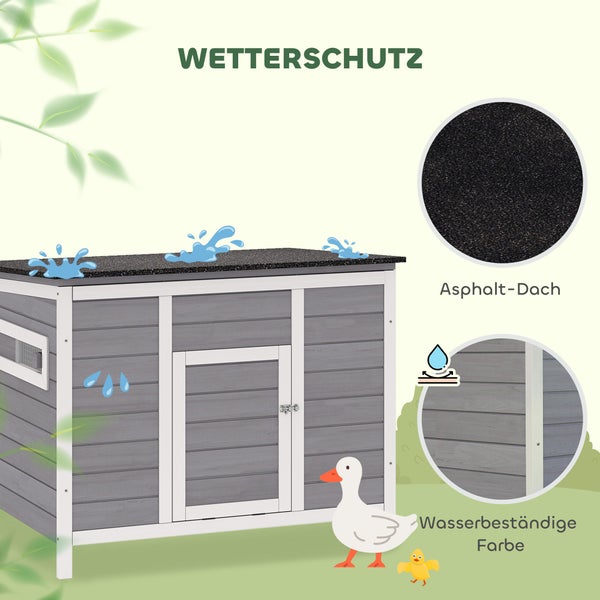 Kleintierhaus mit Wetterschutz, Asphaltdach und wasserbeständiger Farbe.
