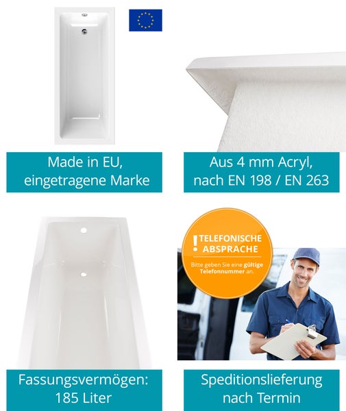 Calmwaters® Rechteck-Badewanne 160x70 cm, Acrylwanne Modern Square, ergonomische Körperformbadewanne, Maße 160 x 70 cm, Rechteckbadewanne Weiß - 02SL3310