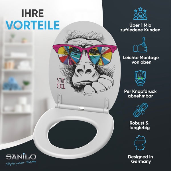Sanilo Toilettensitz mit Gorilla-Motiv. Sanilo Logo. Vorteile: über eine Million Kunden, einfache Montage, abnehmbar, robust, deutsches Design.