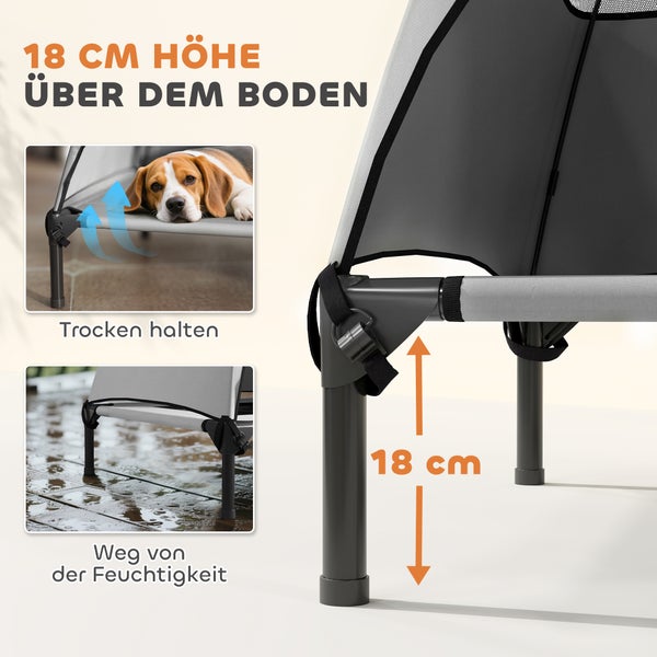 Detailansicht eines erhöhten Hundebetts mit einer Höhe von 18 cm über dem Boden, das vor Feuchtigkeit schützt und eine gute Luftzirkulation ermöglicht.