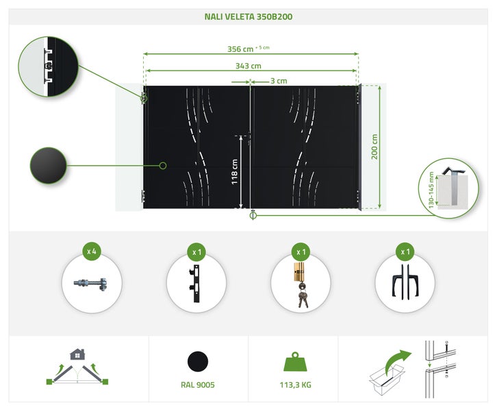Nali Veleta 350B200 Gartentor mit Maßangaben und Zubehördetails