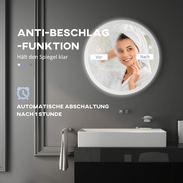 kleankin Badspiegel mit Beleuchtung, Wandspiegel mit 3 Lichtfarben, IP44 Lichtspiegel mit Touch-Schalter, Memory-Funktion, Badezimmerspiegel mit Anti-Beschlag, Ø60 x 3 cm