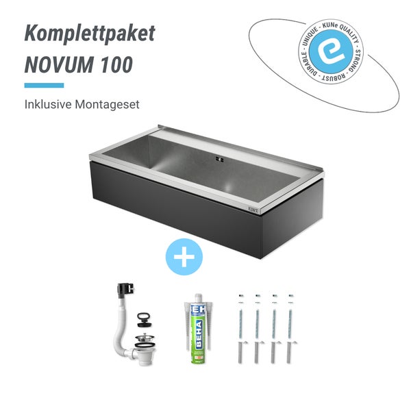 KUNe Ausgussbecken NOVUM 100 Komplettpaket inklusive Montageset mit Abflussgarnitur, Dichtmittel und Befestigungsmaterial. Robust und langlebig.
