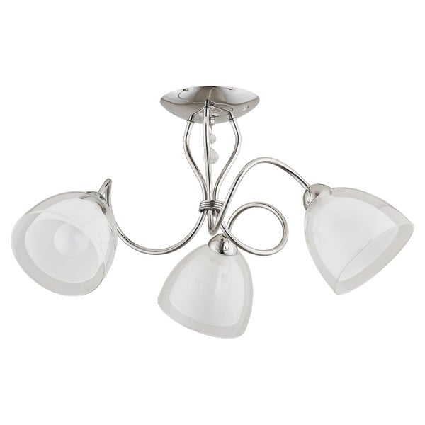 Dreiblammige Deckenleuchte mit geschwungenen Metallarmen und gläsernen Lampenschirmen für eine elegante Beleuchtung im Wohnraum