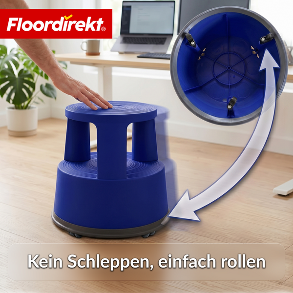 Mobiler Rollhocker aus Kunststoff mit Rollen an der Unterseite in einer Büroumgebung. Floordirekt Logo.