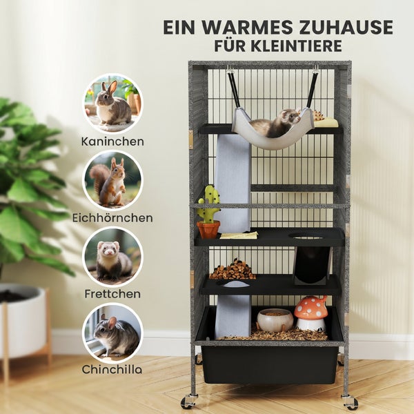Fünfstöckiger Kleintierkäfig auf Rollen mit Hängematte, Rampen und Zubehör für Kaninchen, Eichhörnchen, Frettchen und Chinchillas.