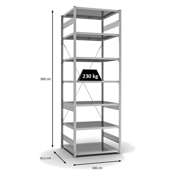 PROREGAL Fachbodenregal Stecksystem T-Profil Medium-Duty Grundregal HxBxT 300 x 100 x 80 cm 7 Ebenen Fachlast 230 kg Einseitig Nutzbar Verzinkt