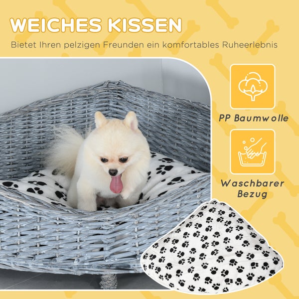 PawHut Hundesofa aus Ratten Haustierbett für kleine Katzen und Hunde Haustiersofa Katzensofa Weichem Bezug Eck Hundebett Hundecouch Weide Plüsch Grau 68 x 68 x 32 cm