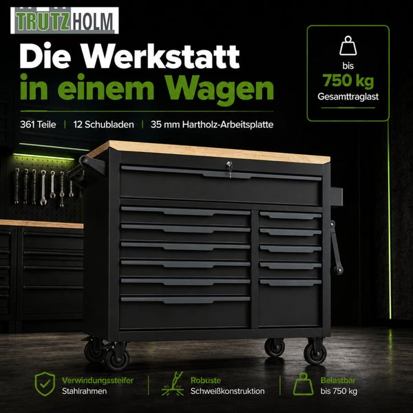 Trutzholm Werkstattwagen, 12 Schubladen, 35 Millimeter Hartholzplatte, 361-teiliges Set, geschweißter Stahlrahmen, belastbar bis 750 Kilogramm.