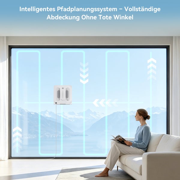 Fensterreinigungsroboter auf einer großen Glasscheibe mit Pfadplanungssystem in einem hellen Wohnzimmer mit Bergblick.