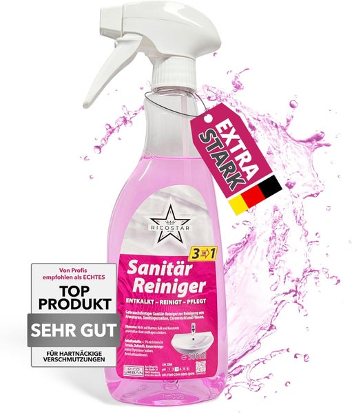 Ricostar Sanitärreiniger 500 ml – 3in1 Badreiniger für hygienische Sauberkeit – Kalkreiniger ideal für Sanitärporzellan, Amaturen, Chromstahl & Fliesen – Badreiniger-Spray gegen Kalk & Schmutz