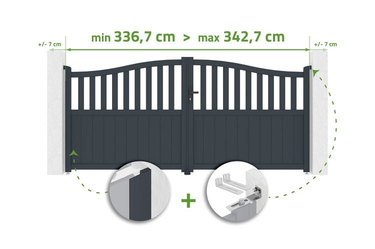 Zweiflügeliges Einfahrtstor mit Breitenangabe von minimal 336,7 bis maximal 342,7 Zentimeter und plus minus 7 Zentimeter Verstellbereich.