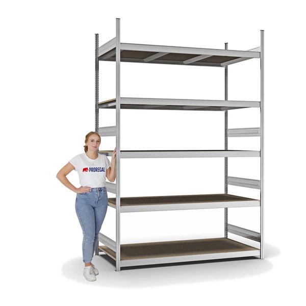 PROREGAL Weitspannregal Stecksystem T-Profil Grundregal HxBxT 300x200x80 cm 5 Ebenen Spanplatten Fachboden Fachlast 350 kg Verzinkt