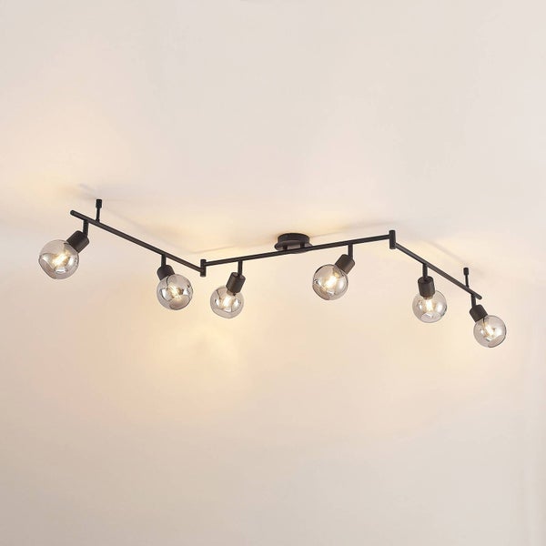 Schwarze Deckenleuchte mit sechs Leuchten und klaren Glaskolben.