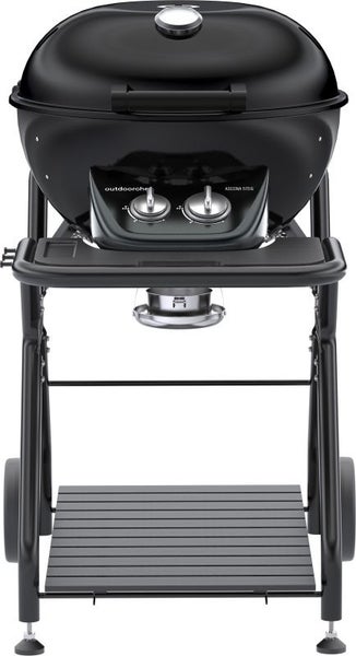 Schwarzer Outdoorchef Gas-Kugelgrill Ascona 570 G mit zwei Brennern, Deckelthermometer, Ablageboden und zwei Rädern.