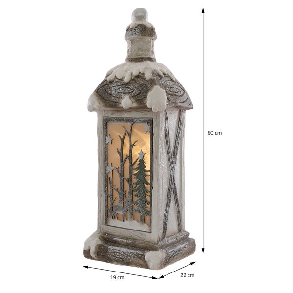 ECD Germany LED Weihnachtslaterne mit Warmweißes LED Licht, Beleuchtete LED-Laterne für Weihnachten, 60cm, Weiß, Beige, Grünes Tannenbild, verschneit, batteriebetrieben, Weihnachtsdekoration für Innen