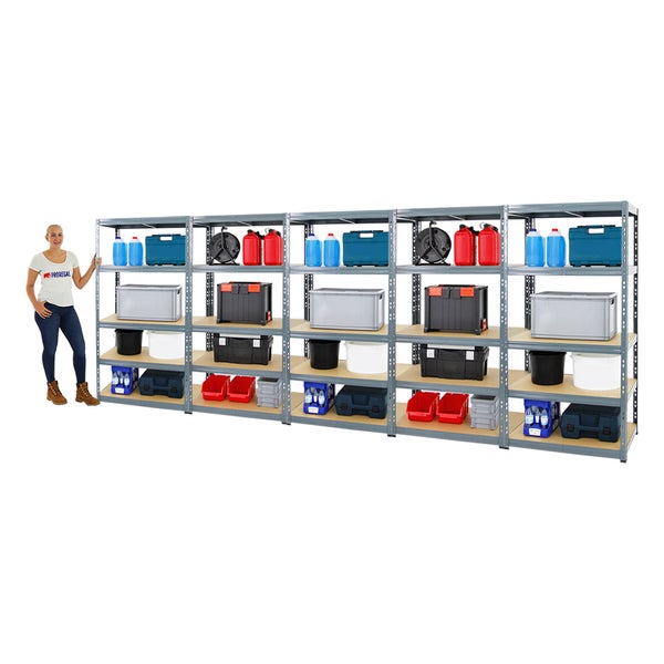 PROREGAL Mega Deal 5x Schwerlastregal Tiger HxBxT 180 x 90 x 60 cm Fachlast 265 kg 5-Ebenen Grau