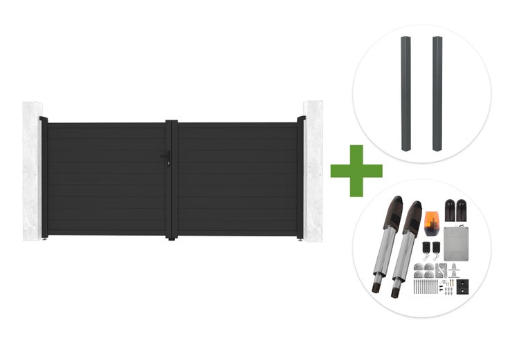 Zweiflügeliges Einfahrtstor aus Aluminium in Anthrazit mit zwei Pfosten und elektrischem Torantrieb-Set.