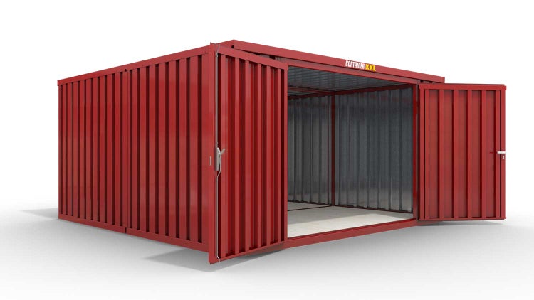 Lagercontainer Gerätehaus M2  – 12 qm, H2150 x B3050 x T4340 mm, Außenwandlackierung RAL 3000 feuerrot, Dach außen verzinkt, mit Holzfußboden, 2750 mm Doppelflügeltür mittig in Stirnseite, montiert