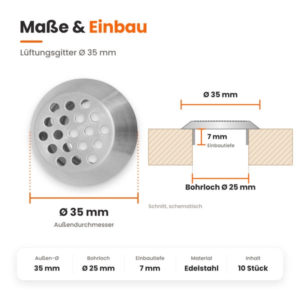 Technische Zeichnung eines runden Lüftungsgitters aus Edelstahl mit 35 Millimeter Durchmesser und 7 Millimeter Einbautiefe, 10 Stück im Set.