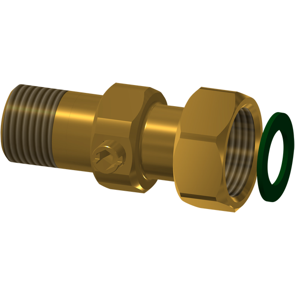 Verschraubung aus Messing mit Außengewinde, Überwurfmutter mit Innengewinde und Flachdichtung.