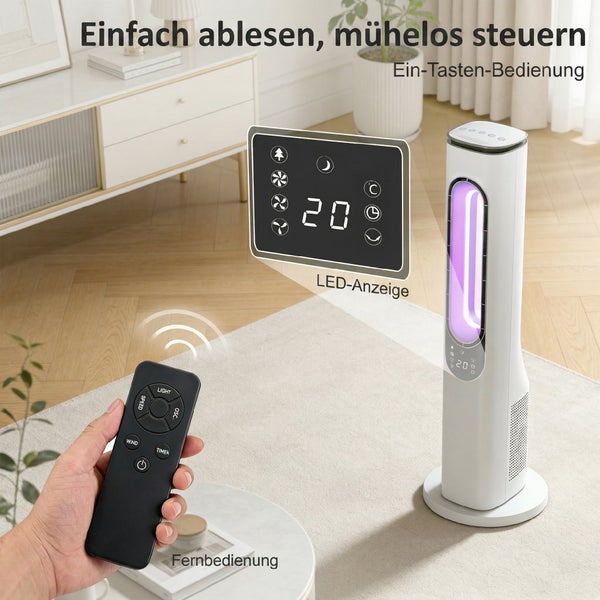Weißer Turmventilator mit LED-Anzeige und Fernbedienung in einem hellen und modernen Wohnzimmer.
