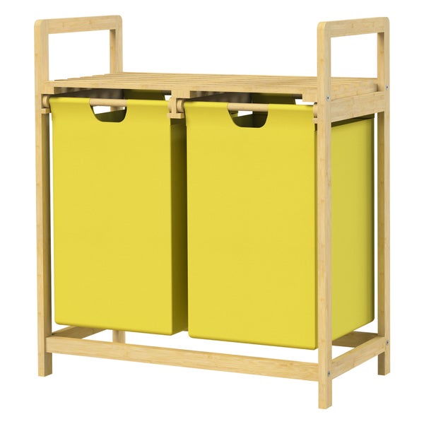 ML-Design Wäschekorb aus Bambus, Gelb, Wäschebox mit 2 Fächern, Wäschesammler mit 2 ausziehbaren Wäschesäcken 60 L, Wäschetruhe mit Ablage, Wäschesortierer für Badezimmer, Wäschetonne mit Regal