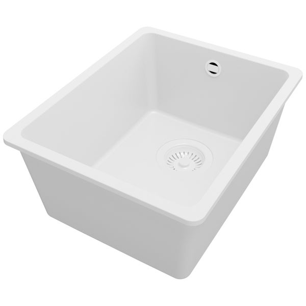PRIMAGRAN Unterbauspüle Granit Alles Weiß 36x44cm, Spülbecken 1 Becken + Ablauf-Set, Granitspüle ab 40er Unterschrank - Venedig Easy