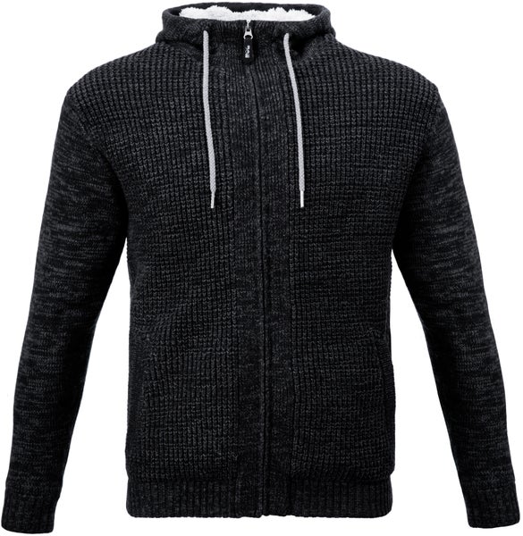 Strickjacke mit Kapuze, durchgehendem Reißverschluss, Teddyfutter und Seitentaschen, meliertes Gewebe.