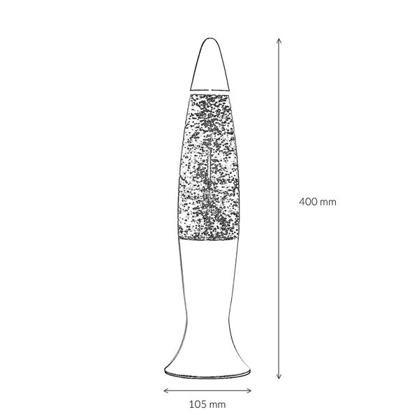 Dimensionsskizze einer 400 Millimeter hohen Lavalampe mit einem Durchmesser von 105 Millimetern