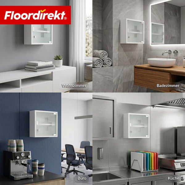 Floordirekt Logo. Wandmontierter Erste-Hilfe-Schrank mit Milchglastür und Kreuzsymbol in Wohnzimmer, Badezimmer, Büro und Küche.